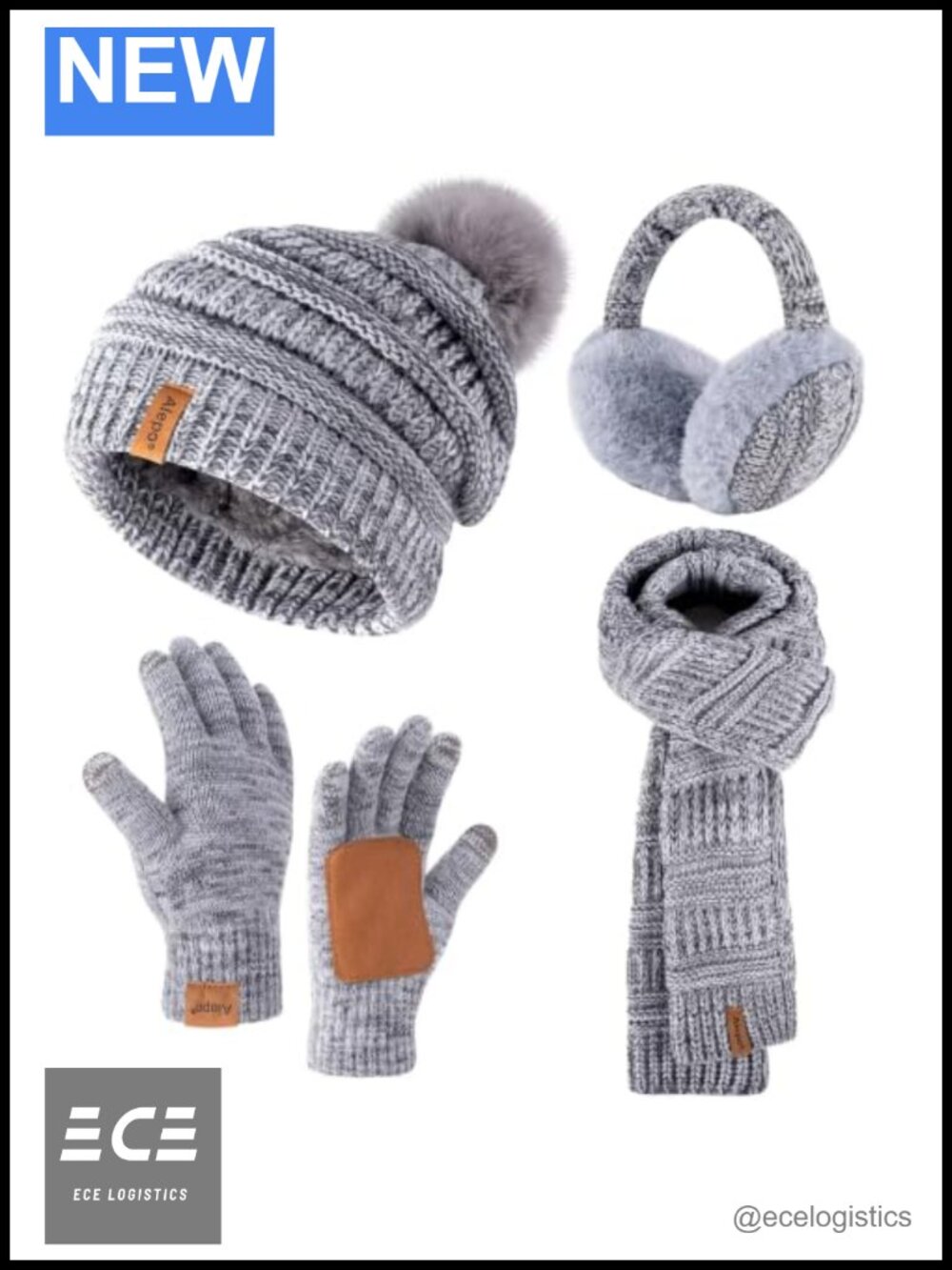 Fleece Lined Beanie Pom Scarf Gloves Earmuffs 4-Piece Winter Set Women